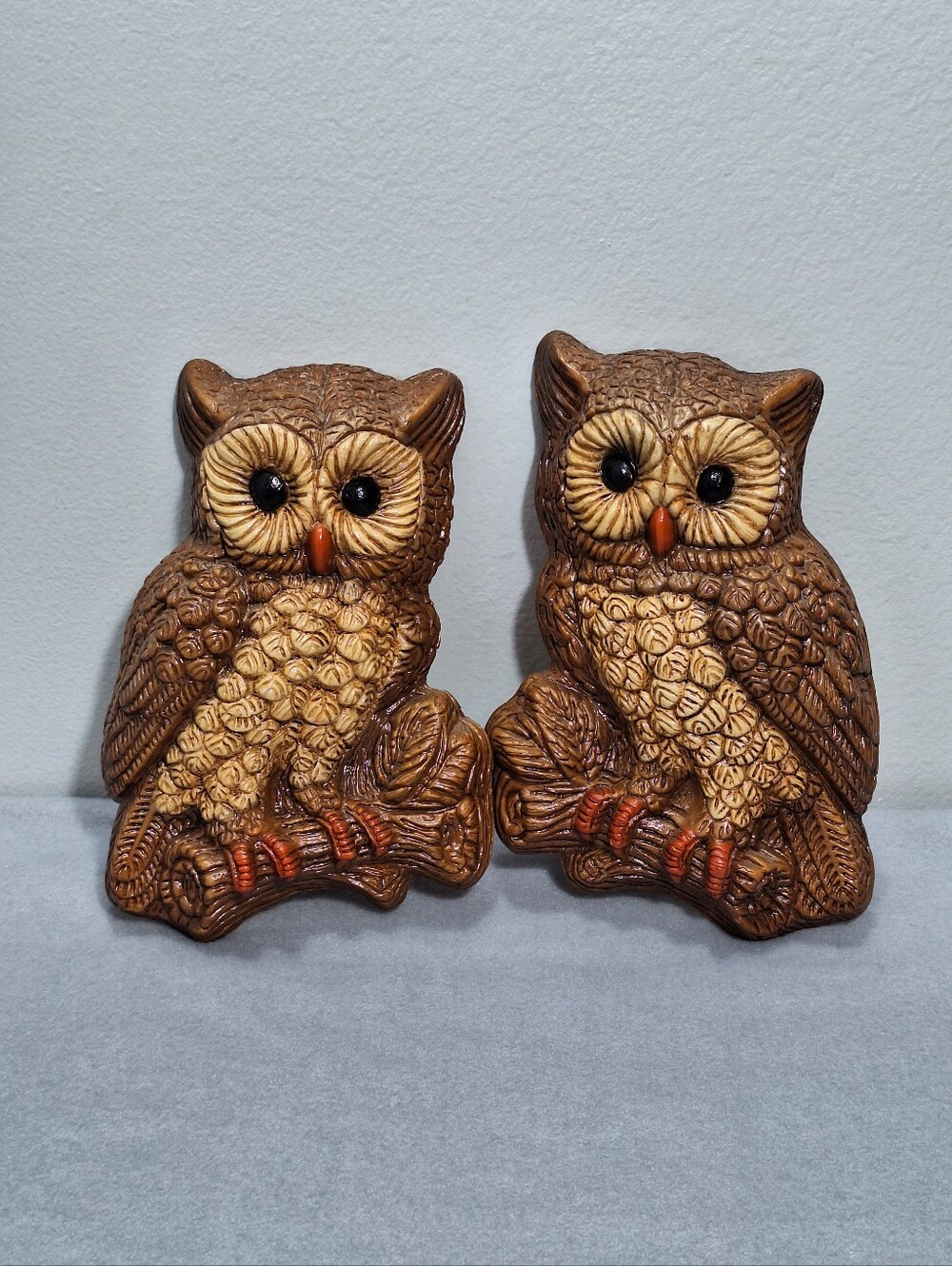 Vtg 1970s Pair Of Brown OWLS Lightweight Molded Foam Wall Hanging Art Retro MCM